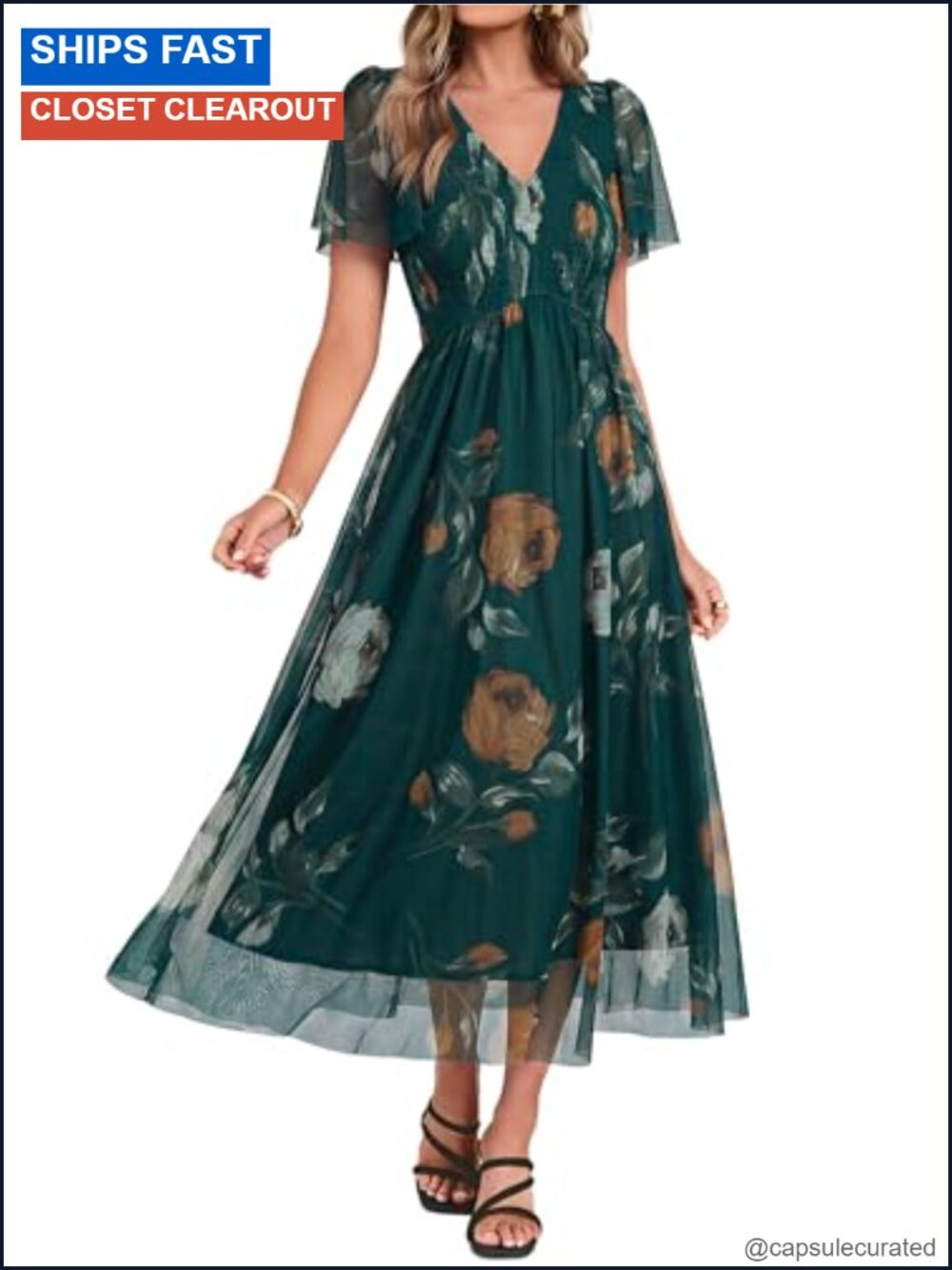Womens Floral Maxi Dress Smocked V Neck Flutter Sleeve Summer Wedding Guest